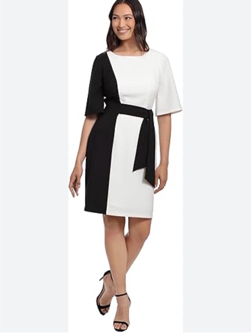 London Times Black & White Colorblock Midi Sheath Dress with Tie Belt